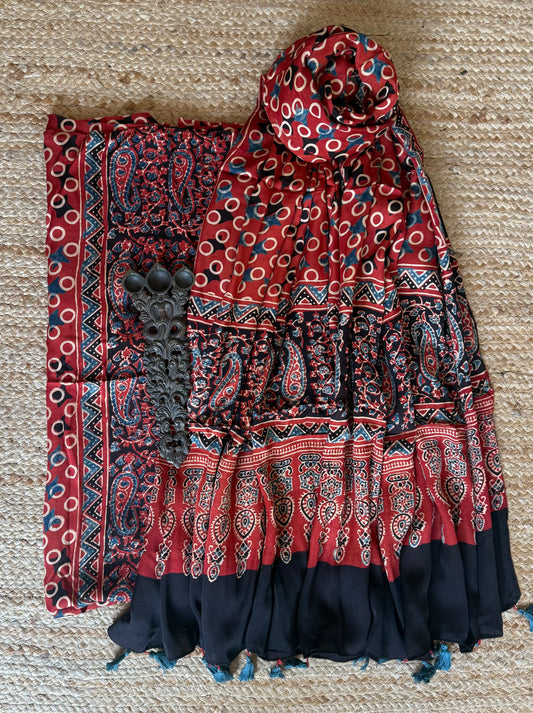 Red  ajrakh modal silk handblock kurta set