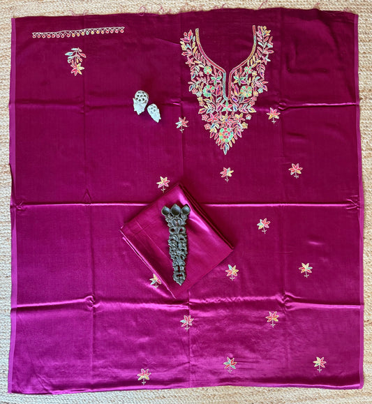 Magenta purple mashru silk hand embroidery kashmiri handembroidery sozni work cord set cs-11