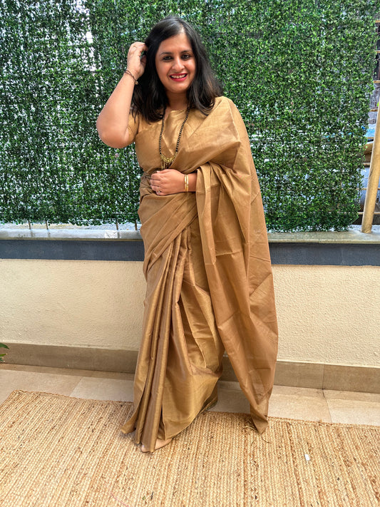 Copper tissue zari sari with woven contrast blouse