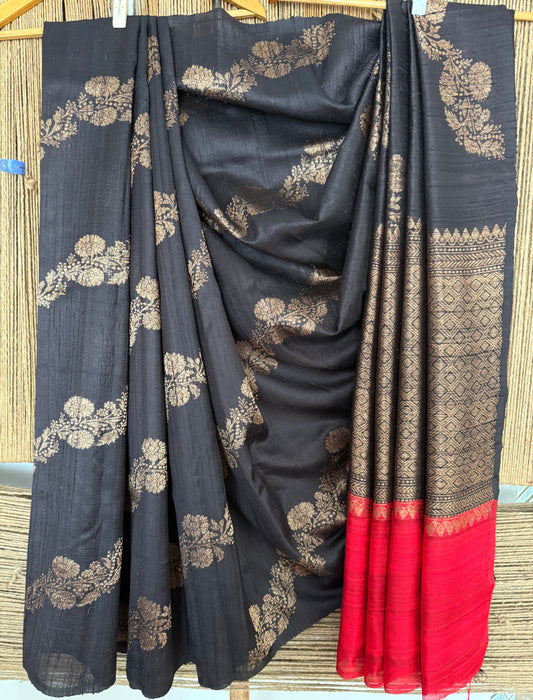 Sable black raw silk certified  handloom banarsi sari with woven zari