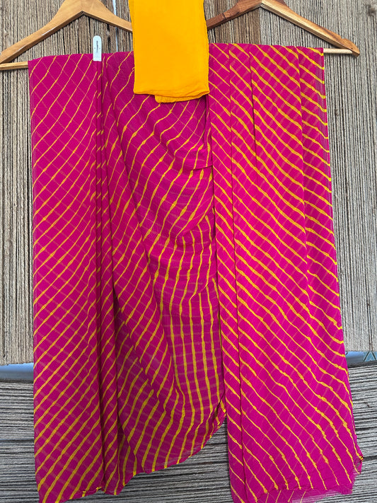 Magenta  pink with contradt  blouse lahariya handcrafted chiffon sari