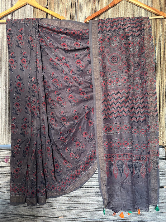 Brown mull cotton  ajrakh hand crafted sari