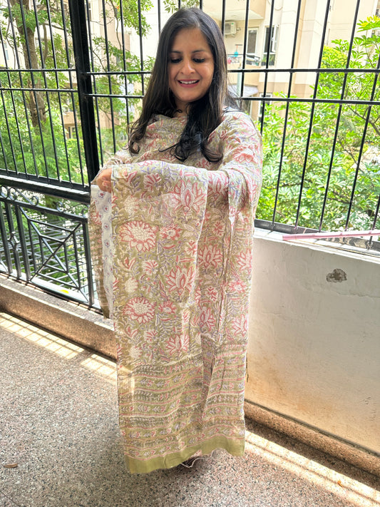 Olive green chanderi hand block suit set  cbs-58