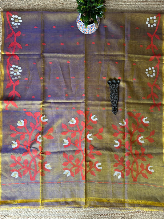 Dual shade olive green jamdani handwoven pure muslin silk sari