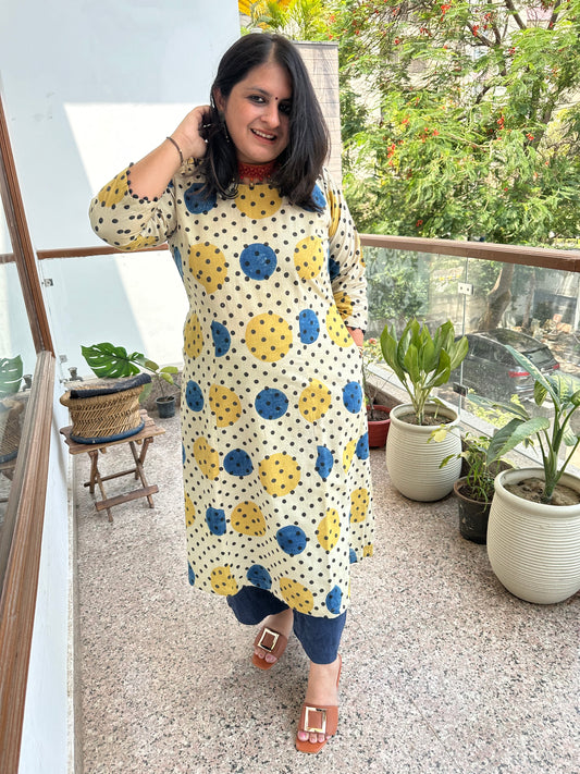 Beige polka dot cotton ajrakh handcrafted kurta