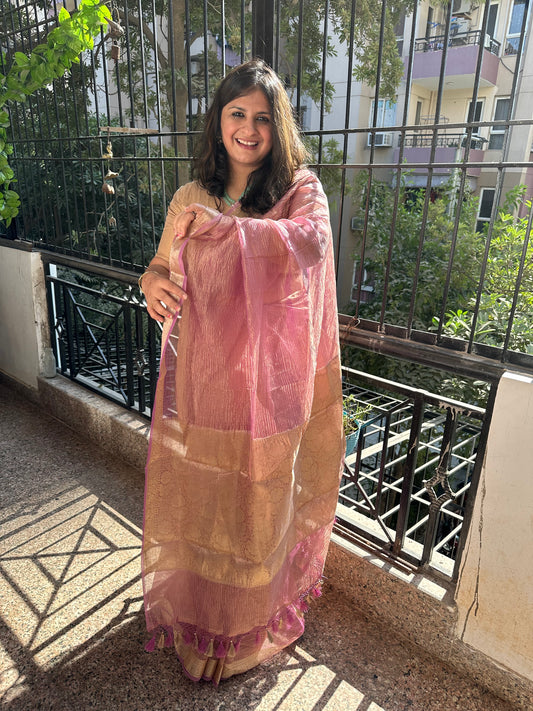 Lavender purple banarasi zari crushed tissue sari