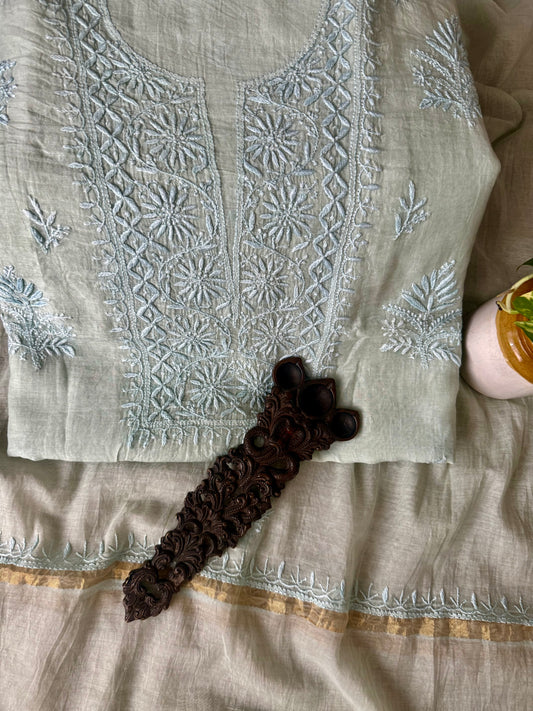 Tiffany blue premium  mull chanderi lucknowi chickenkari hand embroidery three piece suit
