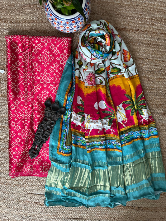 Pink patola mashru silk kurta with patola handcrafted modal silk dupatta ps-10