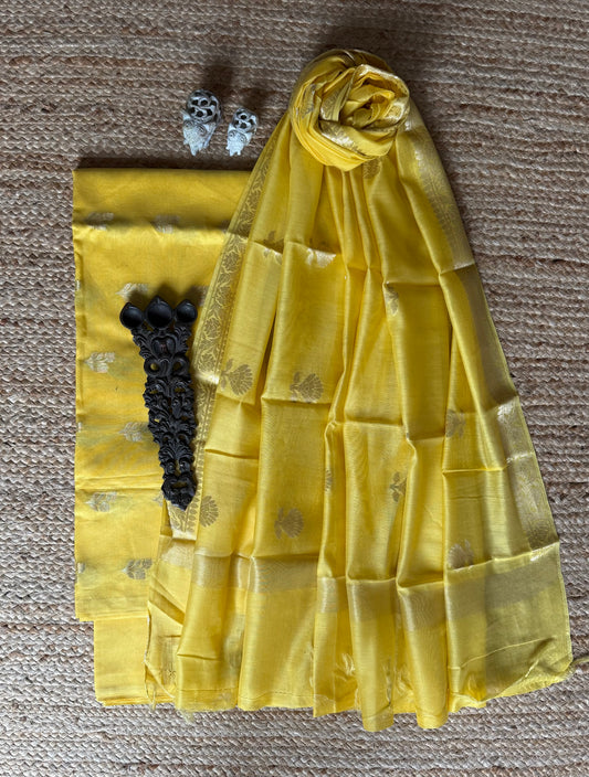 Butterscotch yellow chanderi handloom banarsi booti three piece suit