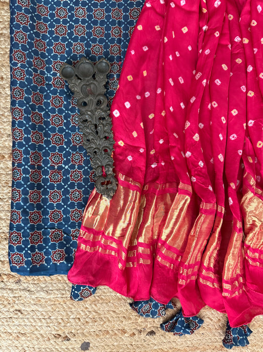 Blue & pink ajrakh mashru silk kurta with bandhani handcrafted modal silk dupatta