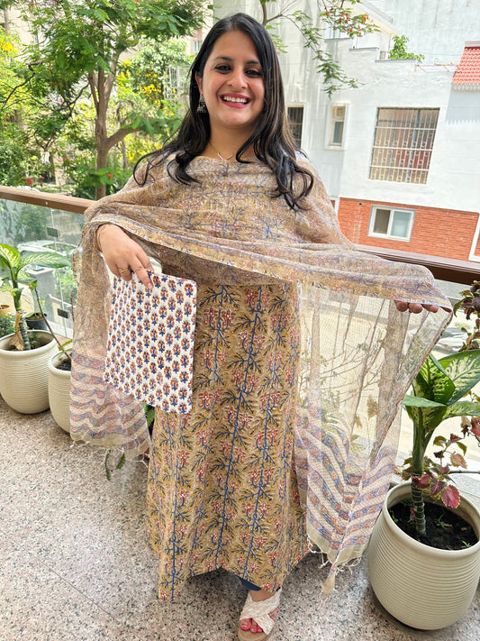 Light mehendi cotton kota handblock suit set