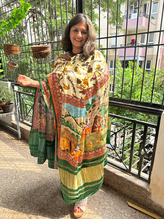 Cream green pichwai patola print modal silk dupatta