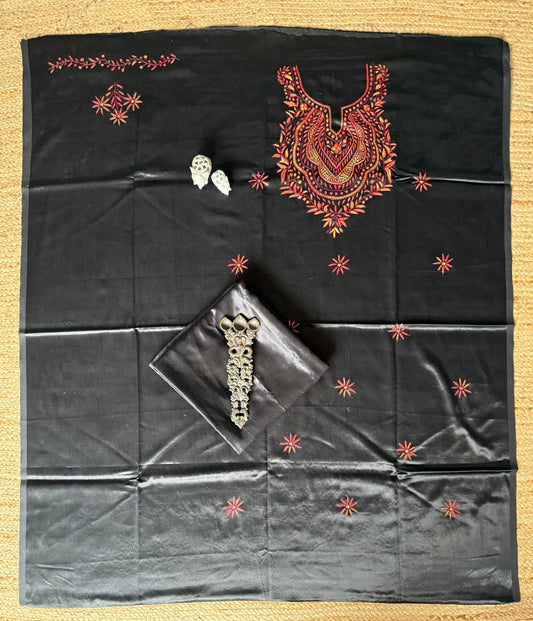 Black mashru silk hand embroidery kashmiri handembroidery sozni work cord set cs-17