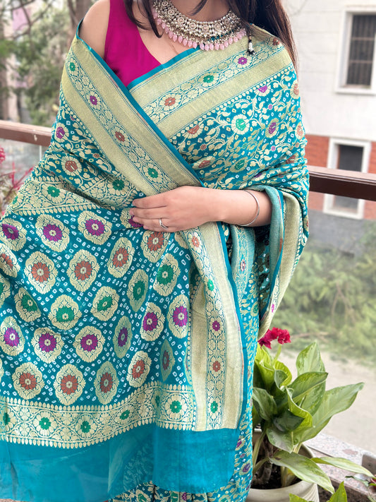 Turquoise  blue handwoven neem zari bareek bandhani saree with khaddi georgette with meenakari work  bs- 48