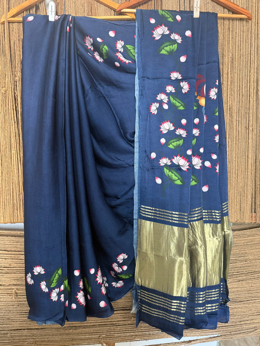Blue pichwai modal silk print sari with zari border pms- 106