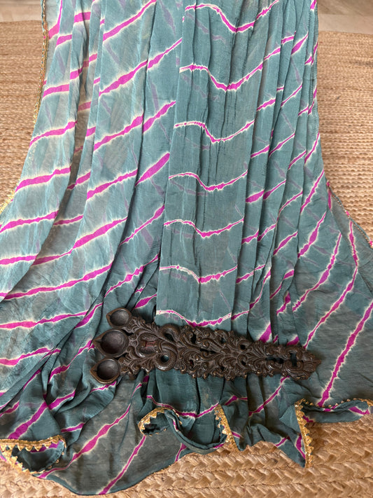 Tempered grey pink chiffon leheriya dupatta