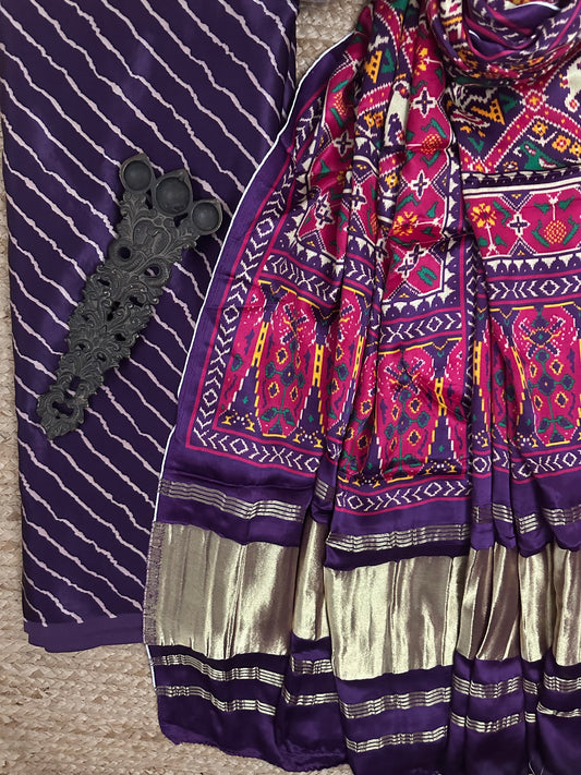 Purple leheriya mashru  silk kurta with patola handcrafted modal silk dupatta ps-10158