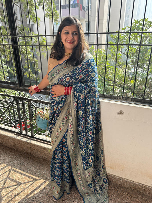 Blue handwoven neem zari bareek bandhani saree with khaddi georgette with meenakari work  bs- 50