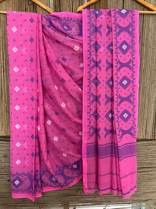 Ultra pink mull handloom cotton jamdani woven sari