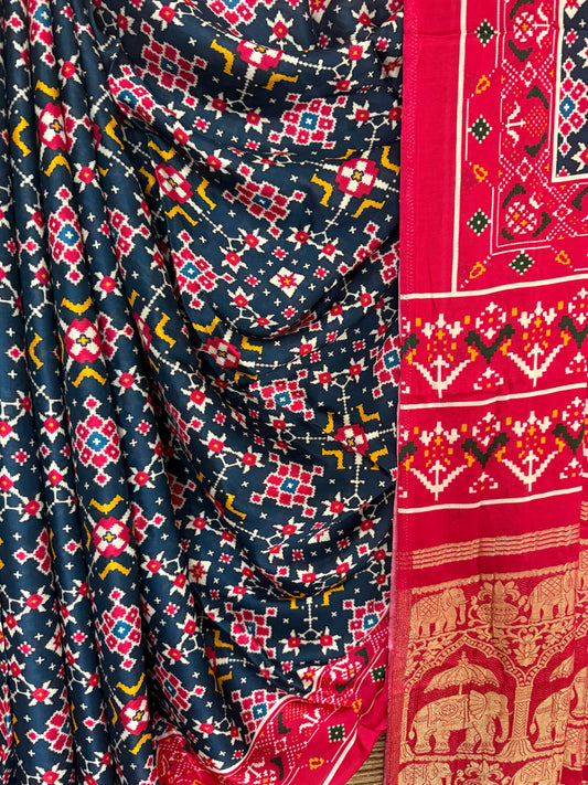 Pink blue modal silk patola sari with zari border pms- 1099