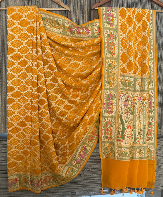 Mango yellow handwoven rai  bareek bandhani saree meenakari jaal with khaddi georgette