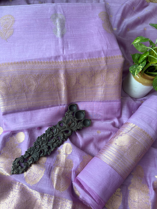 Lilac Lavender Mull cotton certified handloom banarsi kadwa booti three piece suit