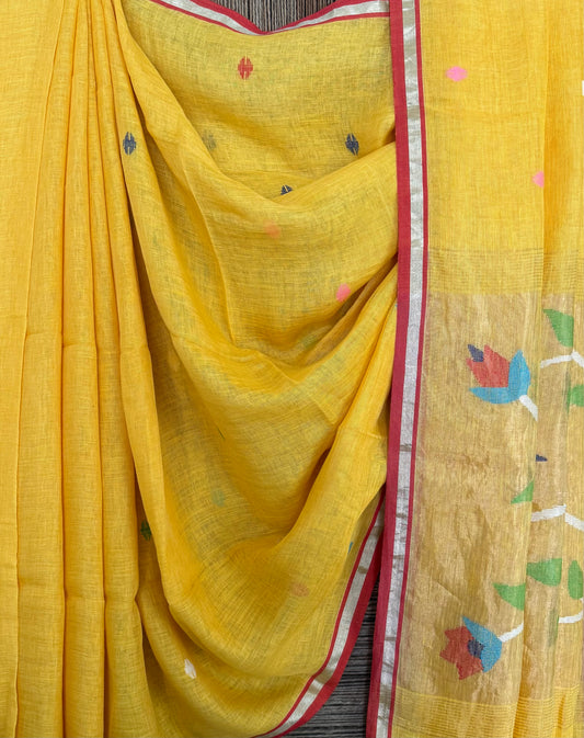 Dandelion yellow handwoven pure linen silk jamdani sari with zari pallu