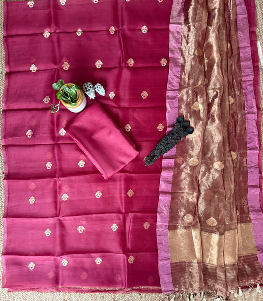 Carrot pink kora silk certified handloom banarsi kadwa booti three piece suit