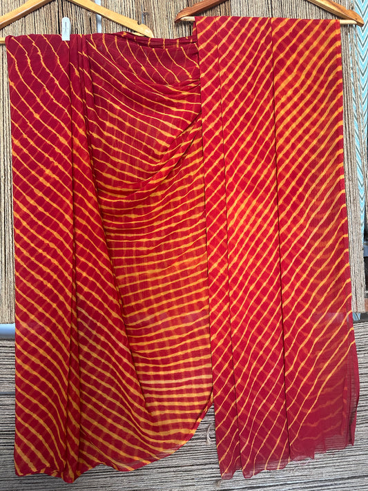 Maroon with contrast blouse leheriya  handcrafted chiffon sari