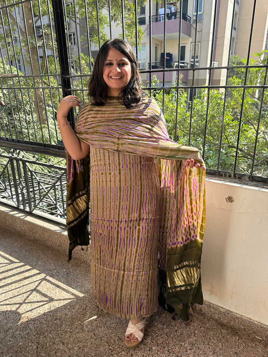 Mehendi green modal  silk shibori  kurta with shibori  handcrafted modal silk dupatta sms 106