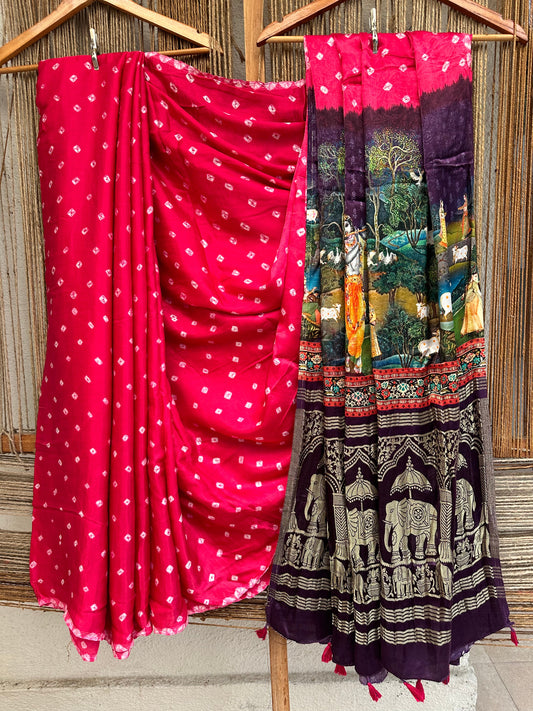 Magenta pink modal silk bandhani  sari with pichwai print sari bps 8