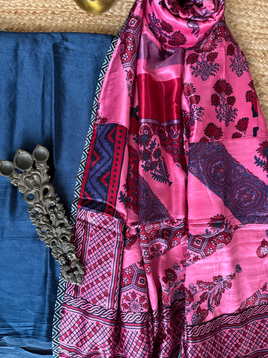 Blue mashru silk kurta with ajrakh patchwork  handcrafted  modal silk dupatta pwk-24