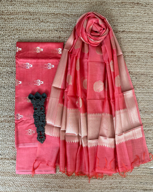 Watermelon Pink chanderi handloom  banarsi booti three piece suit