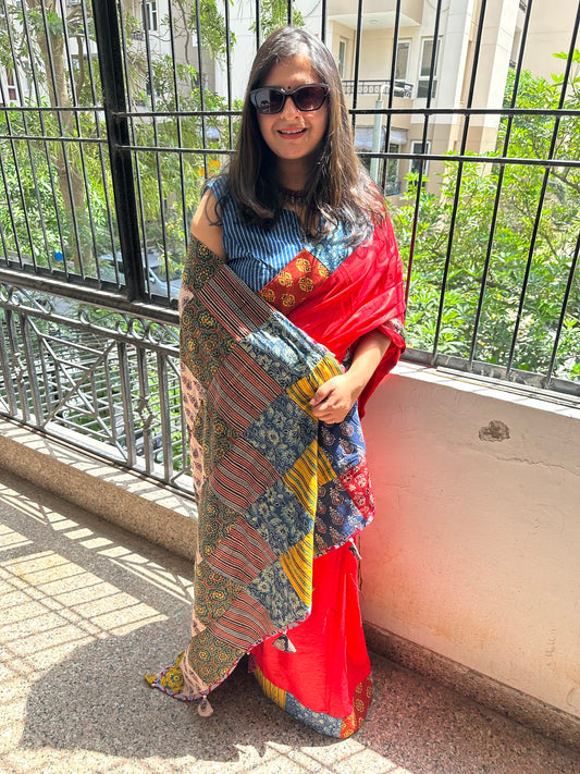 Red pink patch work  ajrakh hand crafted mull saree