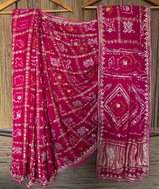 Deep pink rai bandhani gharchola gajji silk sari with handembroidery gotta patti  bs- 405