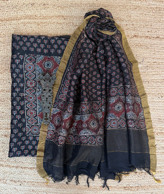 Noor ajrakh butta linen silk handblock suit set