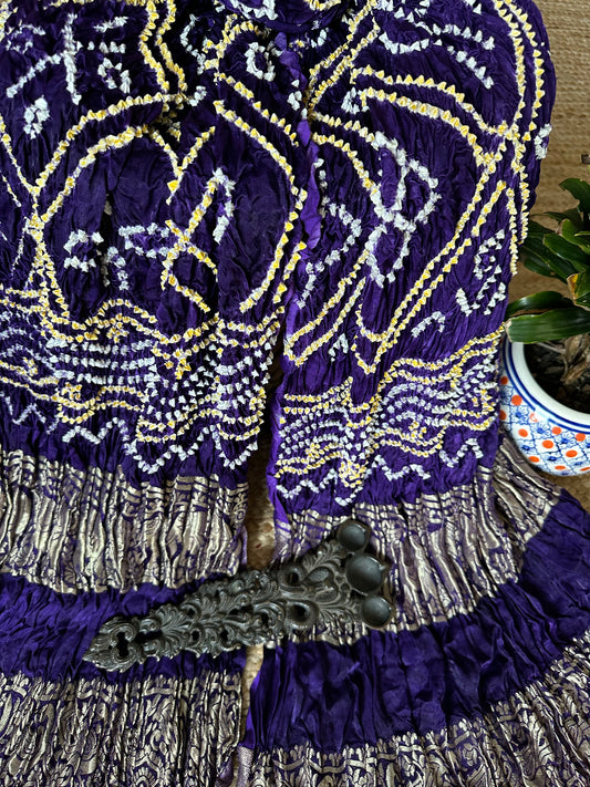 Purple small bandhani dupatta in gharchola design with nakshi border