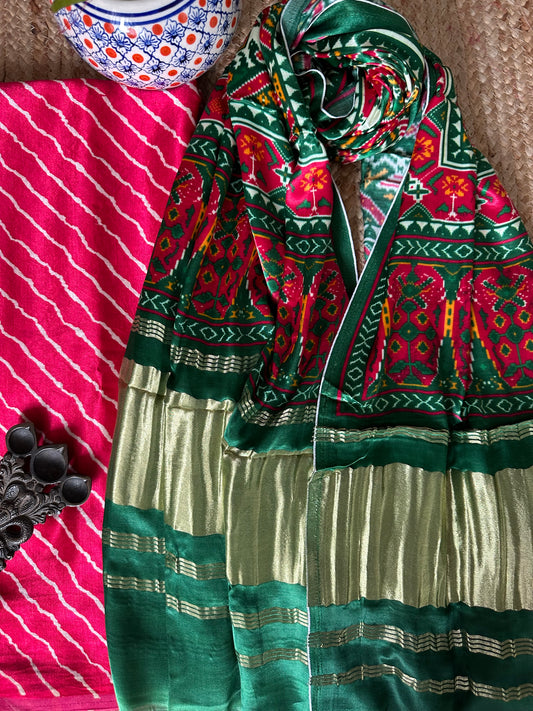 Pink leheriya mashru silk kurta with patola handcrafted modal silk dupatta ps-72