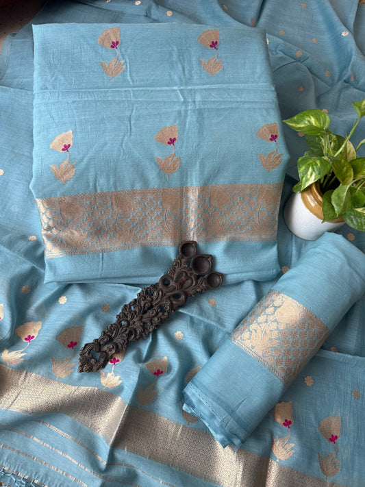 Morning sky blue mull cotton certified handloom banarsi kadwa booti three piece suit