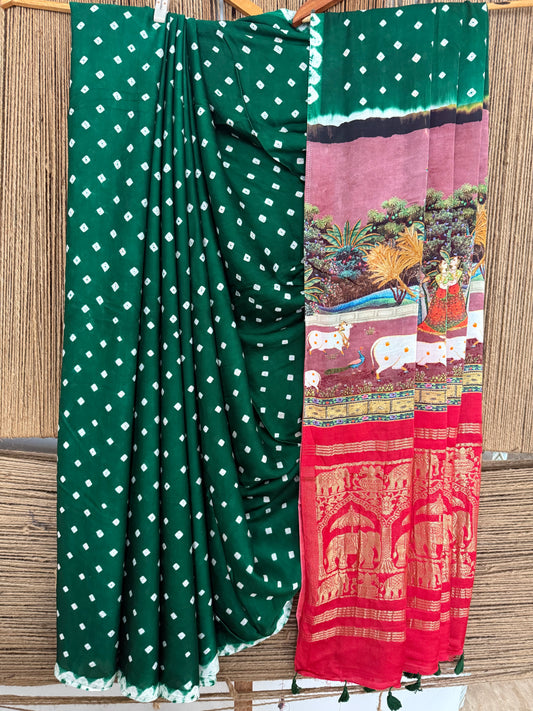 Green & red modal silk bandhani  sari with pichwai print bps
