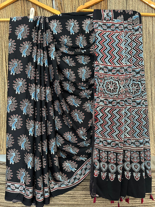 Black peacock ajrakh modal silk sari with border