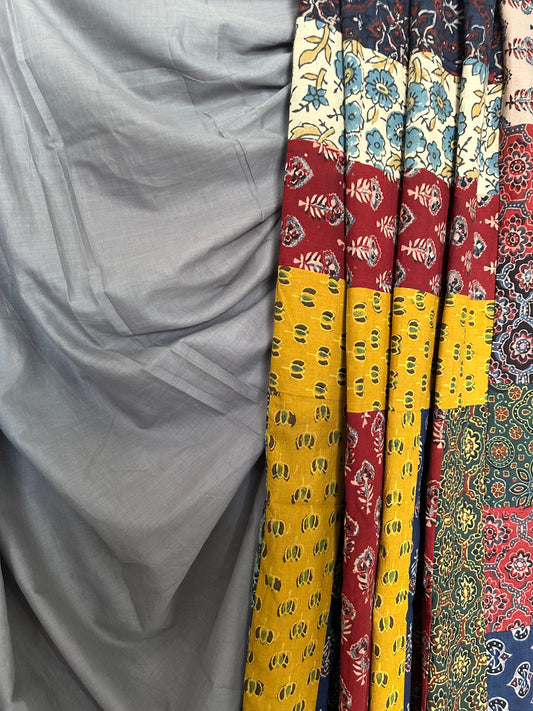 Coin grey patch work  ajrakh hand crafted mull saree
