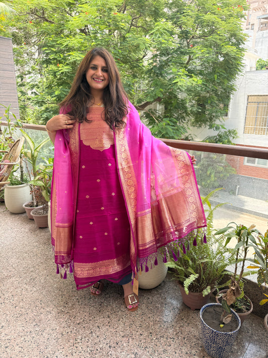 Magenta purple raw silk certified handloom banarsi kadwa butti with woven zari three piece suit