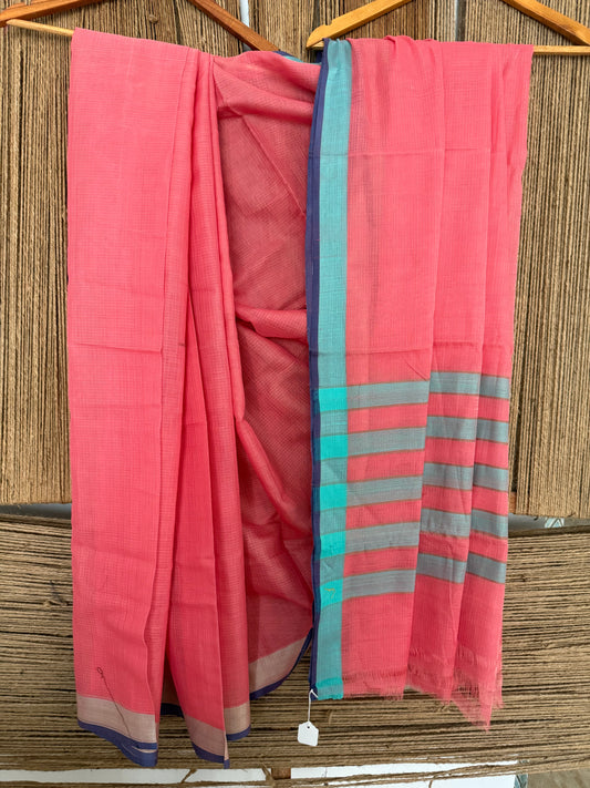 Peach pink kota doria  handloom handblock sari