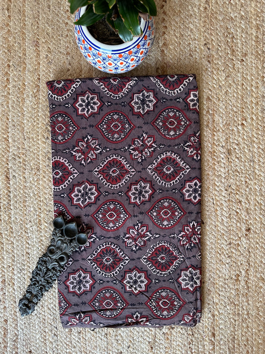 Chikoo  brown ajrakh handcrafted natural dye printed cotton fabric  cf - 18