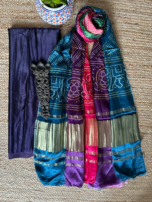 Blue solid mashru silk kurta with patola handcrafted modal silk dupatta ps-51