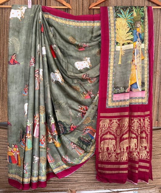 Grey maroon   pichwai  modal silk patola print sari with zari border pms- 1073