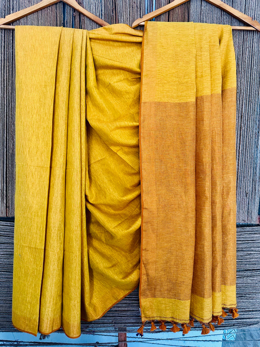 MEDALLION YELLOW COPPER TISSUE LINEN ZARI SARI WITH WOVEN RED BORDER TL-49