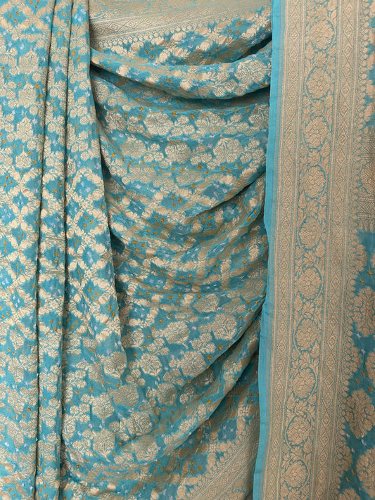 Pastel blue handwoven neem zari bareek bandhani saree with khaddi georgette bs- 2