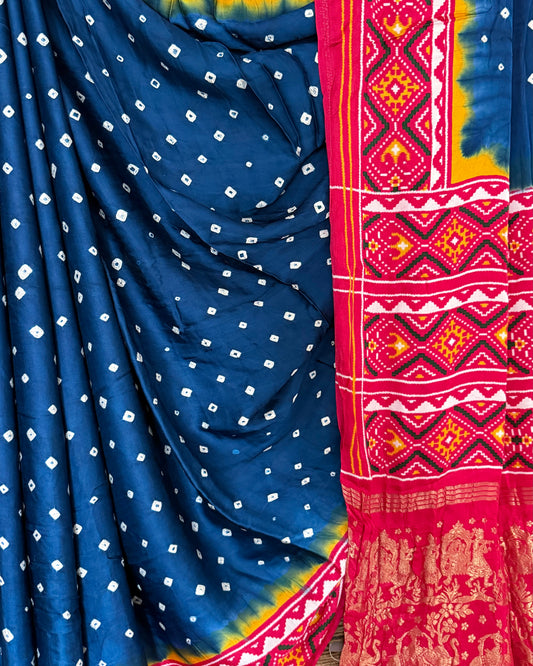 Blue pink modal silk bandhani  sari with patola printbps 41